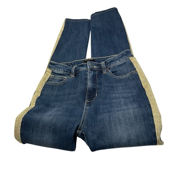 BEBE Gold Glitter Tuxedo Striped Skinny Jeans Sz 26 - Picture 4 of 12